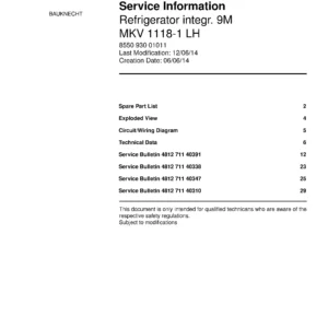 Bauknecht mkv 1118 1 lh service manual cover with model code, manual contents and publication date