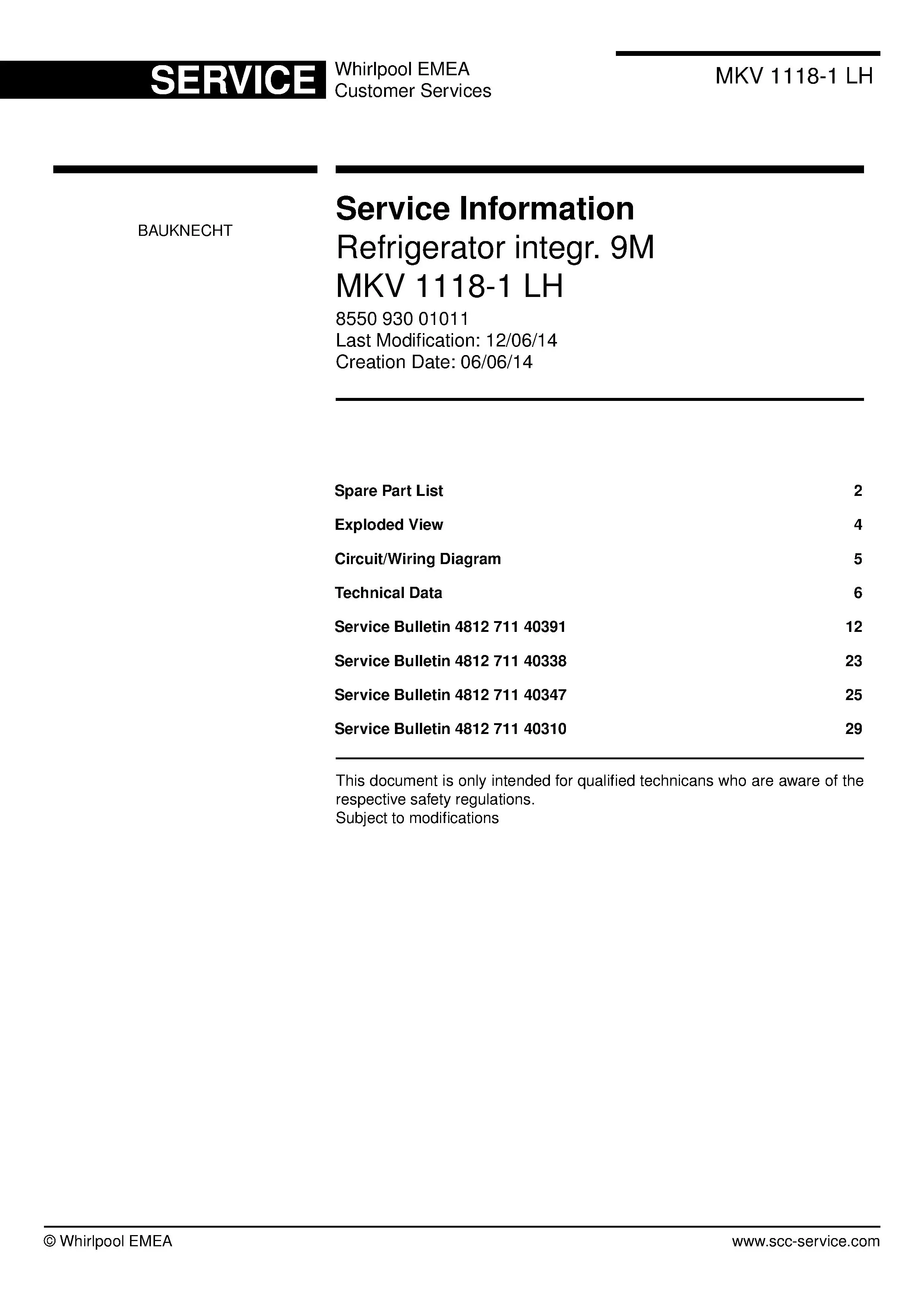 Bauknecht mkv 1118 1 lh service manual cover with model code, manual contents and publication date
