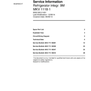 Bauknecht mkv 1118 1 service manual cover with model code, manual contents and publication date
