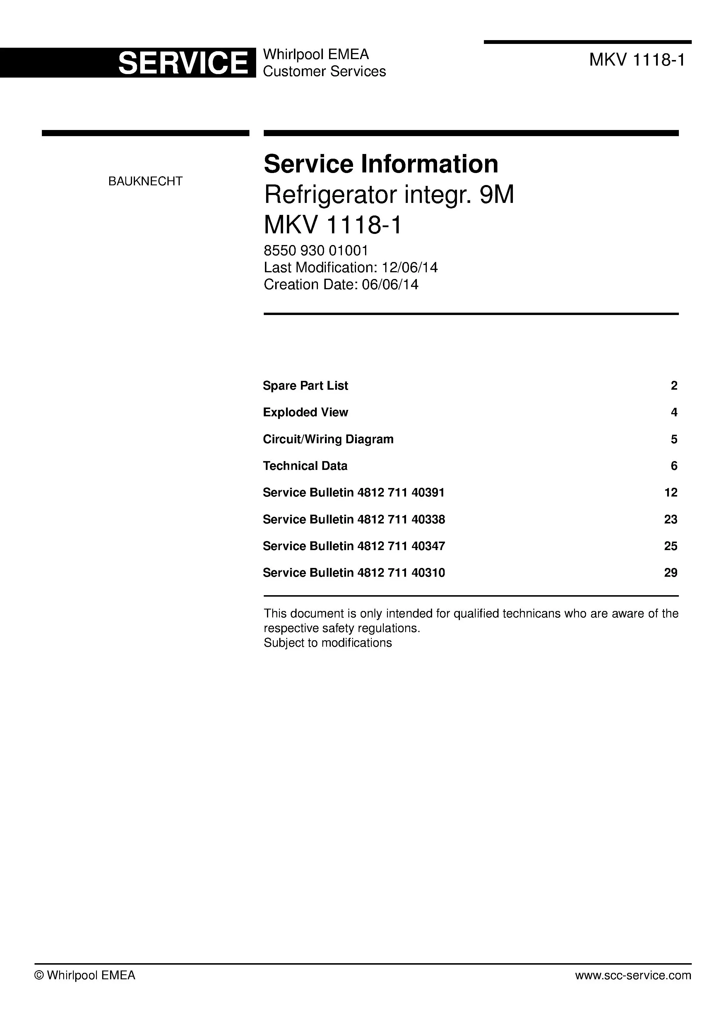 Bauknecht mkv 1118 1 service manual cover with model code, manual contents and publication date