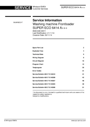 Bauknecht super eco 6414 a service manual cover washing machine, model type and code, publication date, manual contents.