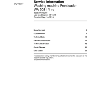 Bauknecht wa 5081 1 re service manual cover washing machine, model type and code, publication date, manual contents.