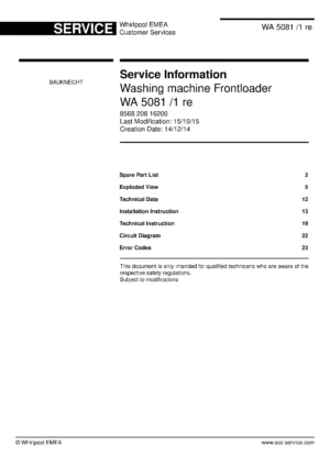 Bauknecht wa 5081 1 re service manual cover washing machine, model type and code, publication date, manual contents.