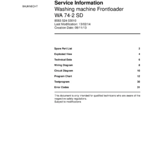 Bauknecht wa 74 2 sd deckblatt der serviceanleitung washing machine, model type and code, publication date, manual contents.