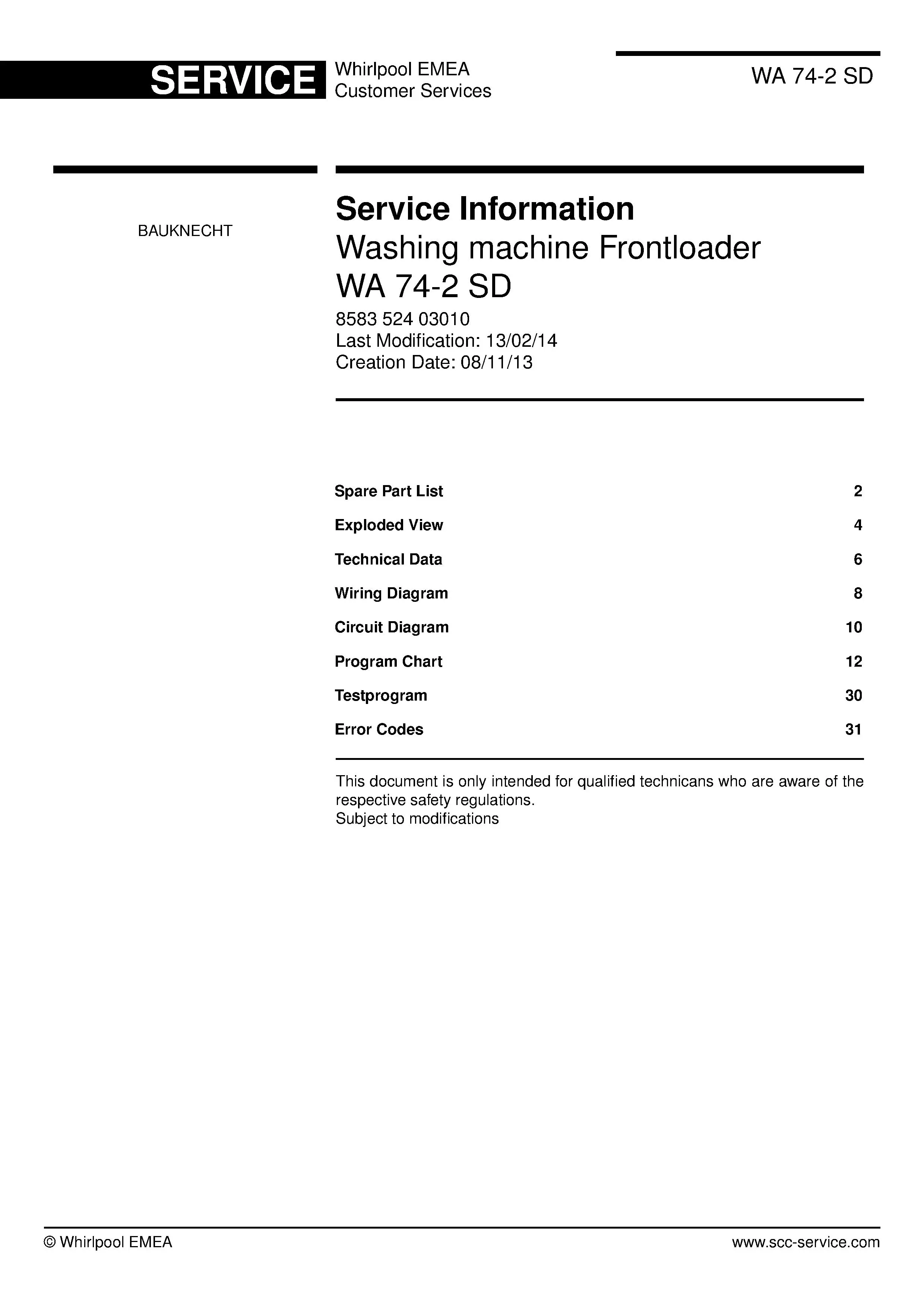 Bauknecht wa 74 2 sd deckblatt der serviceanleitung washing machine, model type and code, publication date, manual contents.