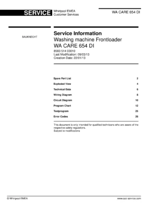 Bauknecht wa care 654 di deckblatt der serviceanleitung washing machine, model type and code, publication date, manual contents.