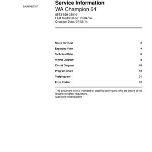 Bauknecht wa champion 64 deckblatt der serviceanleitung washing machine, model type and code, publication date, manual contents.