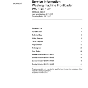 Bauknecht wa eco 1281 service manual cover washing machine, model type and code, publication date, manual contents.