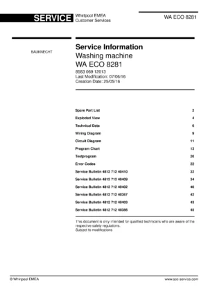 Bauknecht wa eco 8281 service manual cover washing machine, model type and code, publication date, manual contents.