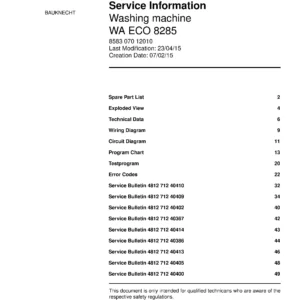 Bauknecht wa eco 8285 service manual cover washing machine, model type and code, publication date, manual contents.