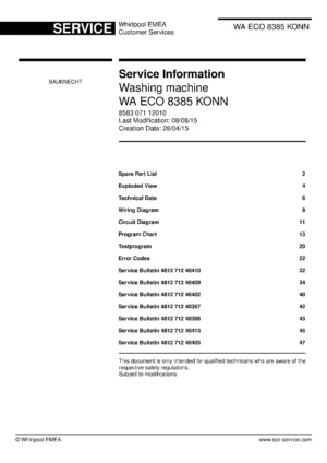 Bauknecht wa eco 8385 konn service manual cover washing machine, model type and code, publication date, manual contents.