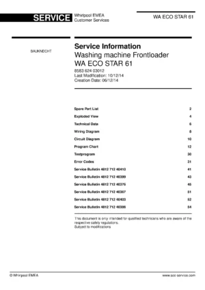 Bauknecht wa eco star 61 service manual cover washing machine, model type and code, publication date, manual contents.