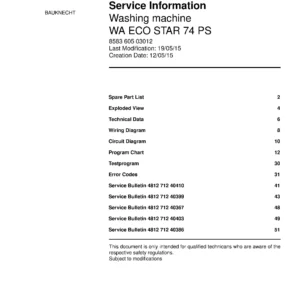 Bauknecht wa eco star 74 ps service manual cover washing machine, model type and code, publication date, manual contents.