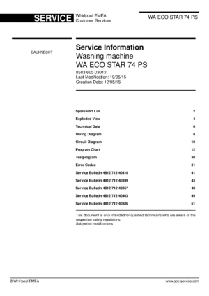 Bauknecht wa eco star 74 ps service manual cover washing machine, model type and code, publication date, manual contents.