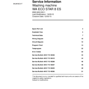Bauknecht wa eco star 8 es service manual cover washing machine, model type and code, publication date, manual contents.