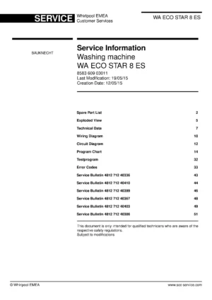 Bauknecht wa eco star 8 es service manual cover washing machine, model type and code, publication date, manual contents.