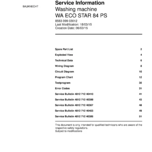 Bauknecht wa eco star 84 ps service manual cover washing machine, model type and code, publication date, manual contents.