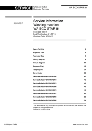Bauknecht wa eco star 91 service manual cover washing machine, model type and code, publication date, manual contents.