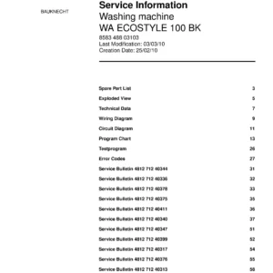 Bauknecht wa ecostyle 100 bk service manual cover washing machine, model type and code, publication date, manual contents.