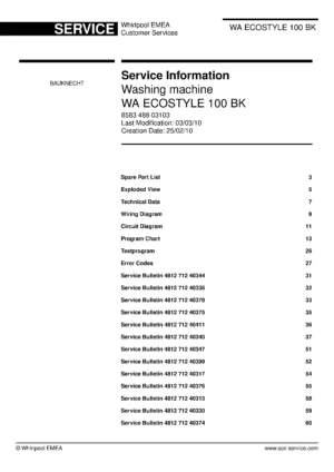 Bauknecht wa ecostyle 100 bk service manual cover washing machine, model type and code, publication date, manual contents.