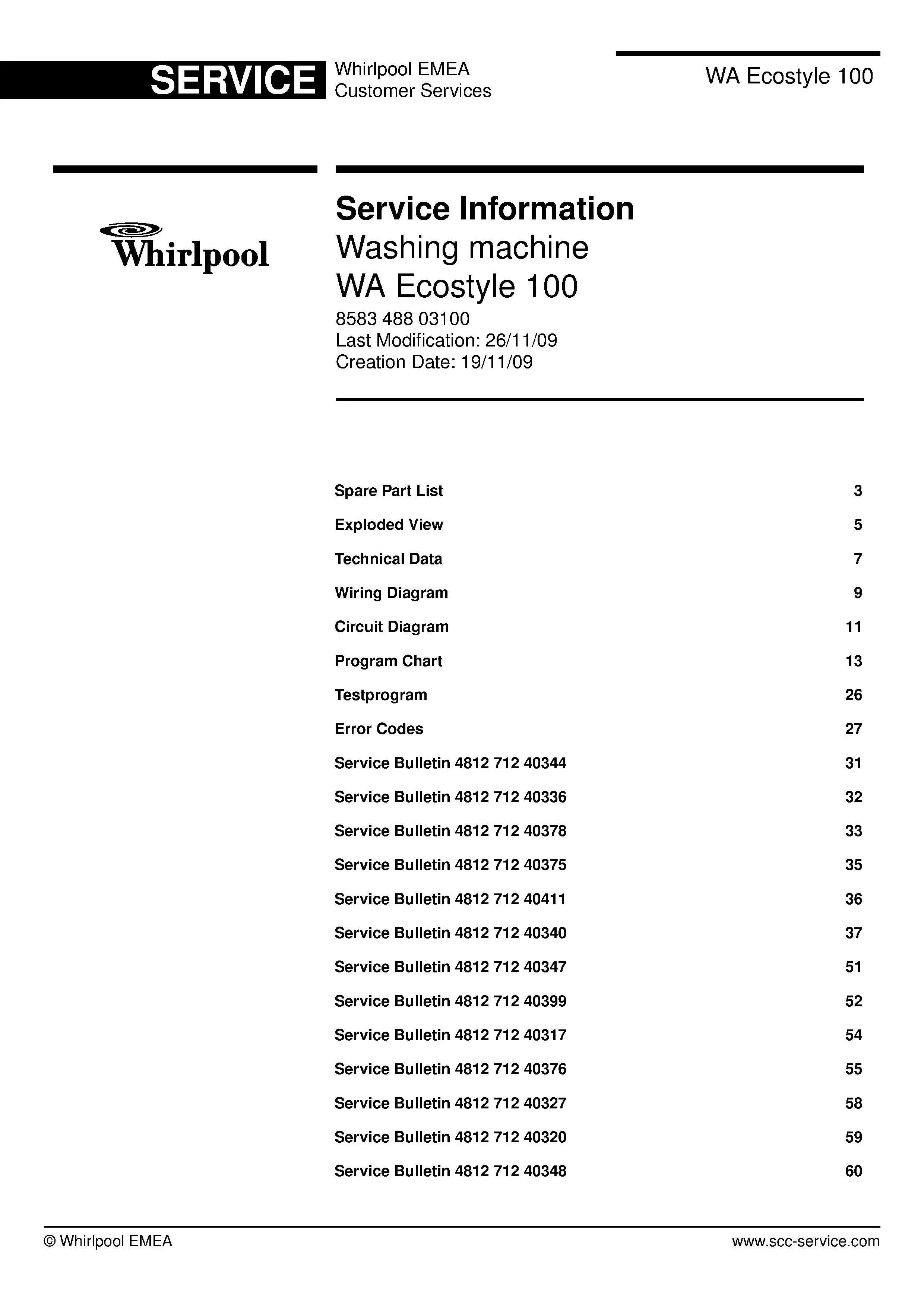 Bauknecht wa ecostyle 100 service manual cover washing machine, model type and code, publication date, manual contents.