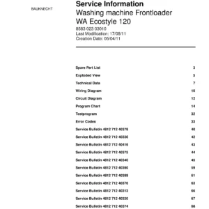 Bauknecht wa ecostyle 120 service manual cover washing machine, model type and code, publication date, manual contents.