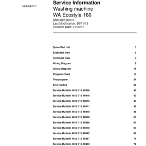 Bauknecht wa ecostyle 160 service manual cover washing machine, model type and code, publication date, manual contents.