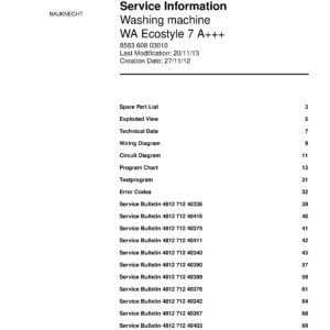 Bauknecht wa ecostyle 7 a service manual cover washing machine, model type and code, publication date, manual contents.