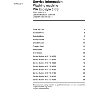 Bauknecht wa ecostyle 8 es service manual cover washing machine, model type and code, publication date, manual contents.