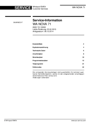 Bauknecht wa nova 71 deckblatt der serviceanleitung washing machine, model type and code, publication date, manual contents.