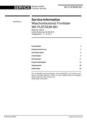 Bauknecht wa platinum 881 deckblatt der serviceanleitung washing machine, model type and code, publication date, manual contents.