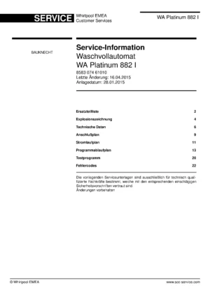 Bauknecht wa platinum 882 deckblatt der serviceanleitung washing machine, model type and code, publication date, manual contents.