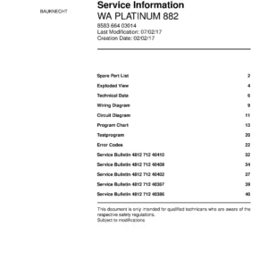 Bauknecht wa platinum 882 service manual cover washing machine, model type and code, publication date, manual contents.