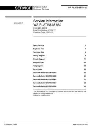 Bauknecht wa platinum 882 service manual cover washing machine, model type and code, publication date, manual contents.