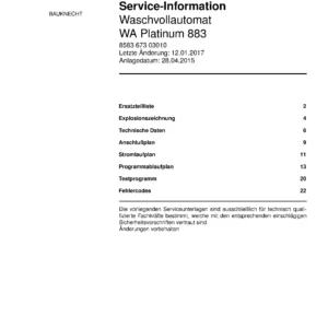 Bauknecht wa platinum 883 deckblatt der serviceanleitung washing machine, model type and code, publication date, manual contents.