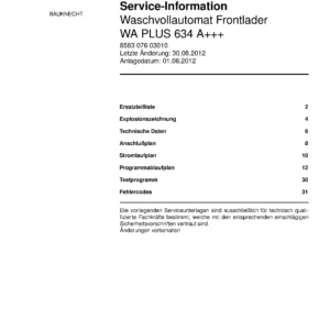 Bauknecht wa plus 634 a deckblatt der serviceanleitung washing machine, model type and code, publication date, manual contents.