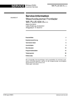 Bauknecht wa plus 634 a deckblatt der serviceanleitung washing machine, model type and code, publication date, manual contents.