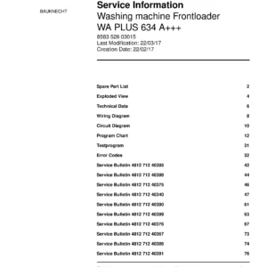 Bauknecht wa plus 634 a service manual cover washing machine, model type and code, publication date, manual contents.