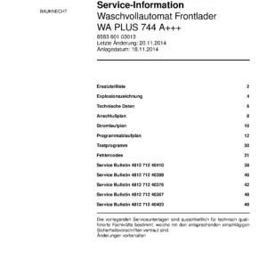 Bauknecht wa plus 744 a deckblatt der serviceanleitung washing machine, model type and code, publication date, manual contents.