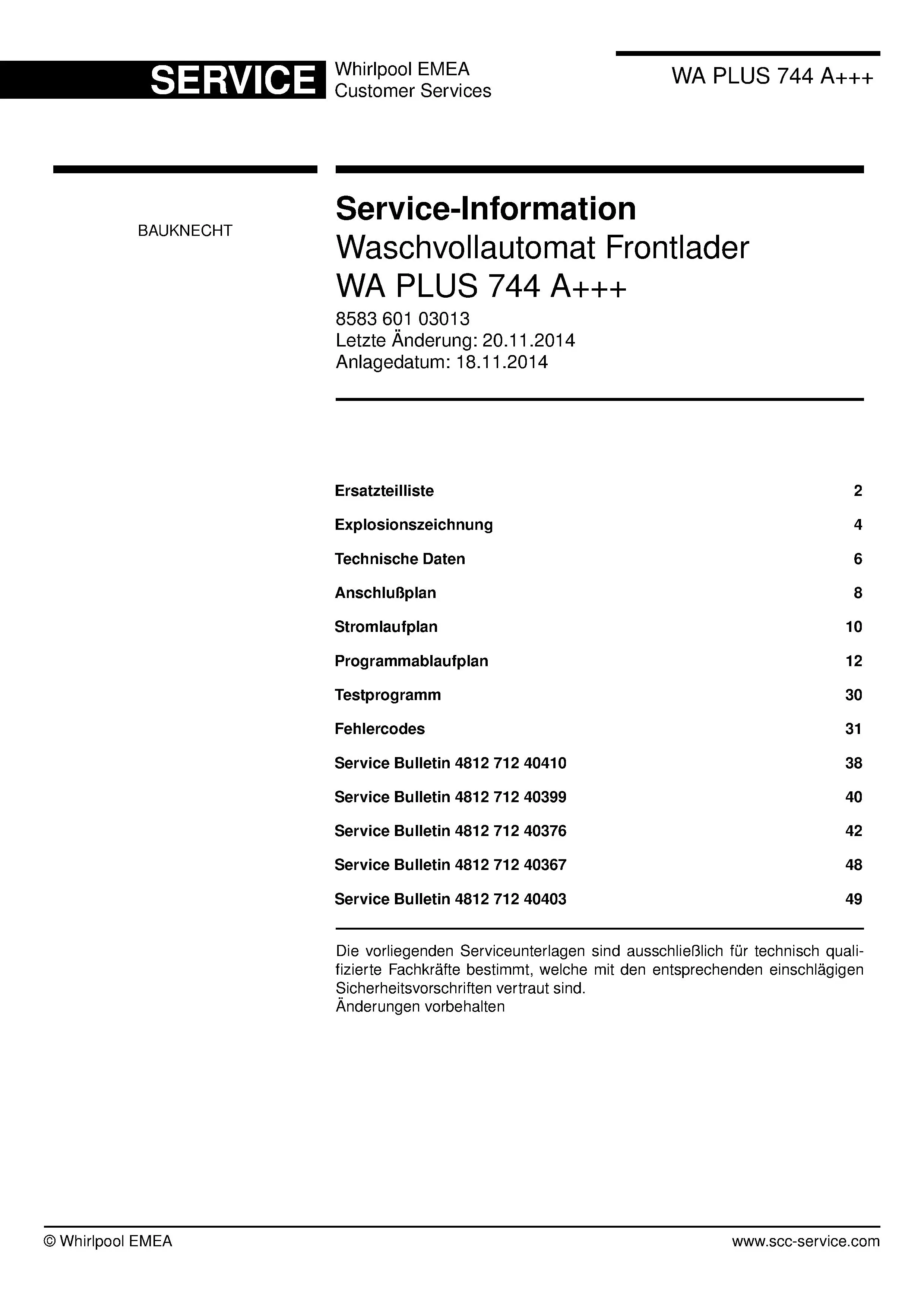 Bauknecht wa plus 744 a deckblatt der serviceanleitung washing machine, model type and code, publication date, manual contents.