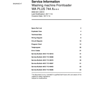 Bauknecht wa plus 744 a service manual cover washing machine, model type and code, publication date, manual contents.