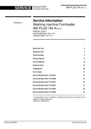 Bauknecht wa plus 744 a service manual cover washing machine, model type and code, publication date, manual contents.