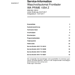 Bauknecht wa prime 1054 z deckblatt der serviceanleitung washing machine, model type and code, publication date, manual contents.