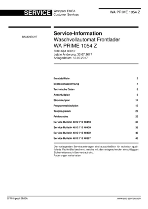 Bauknecht wa prime 1054 z deckblatt der serviceanleitung washing machine, model type and code, publication date, manual contents.