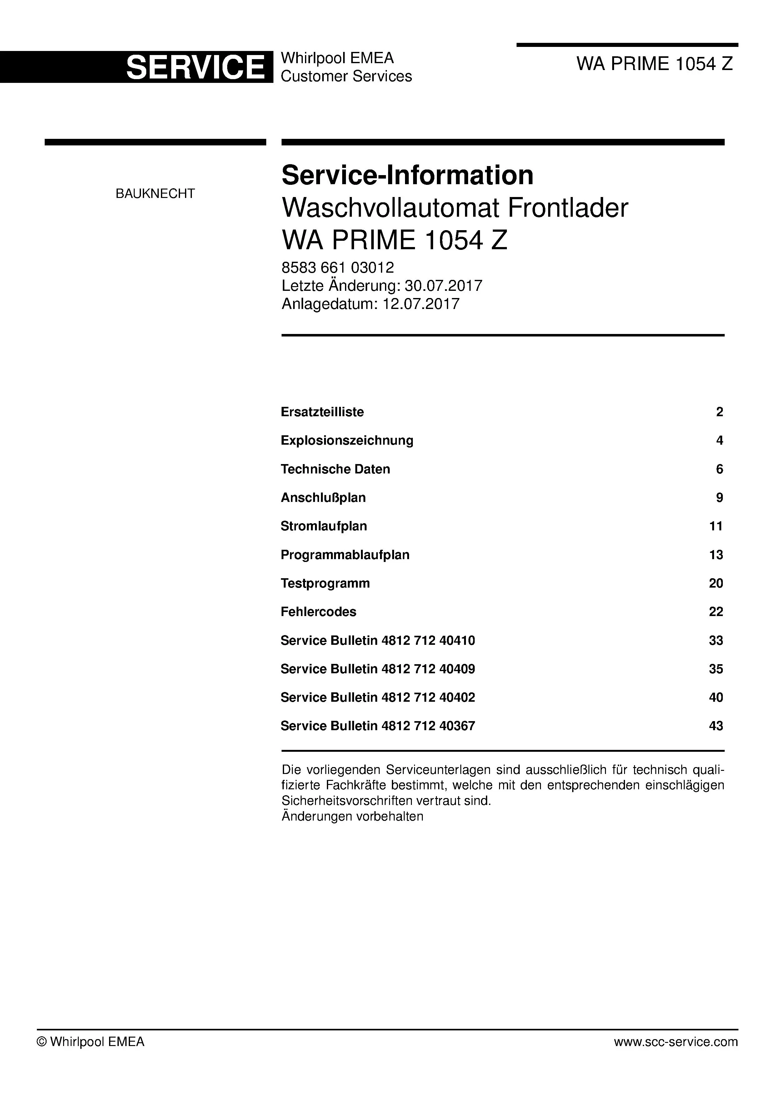 Bauknecht wa prime 1054 z deckblatt der serviceanleitung washing machine, model type and code, publication date, manual contents.