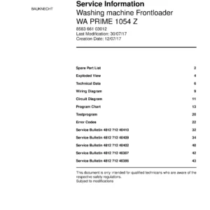 Bauknecht wa prime 1054 z service manual cover washing machine, model type and code, publication date, manual contents.