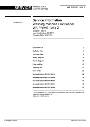 Bauknecht wa prime 1054 z service manual cover washing machine, model type and code, publication date, manual contents.