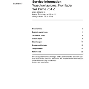 Bauknecht wa prime 754 z deckblatt der serviceanleitung washing machine, model type and code, publication date, manual contents.