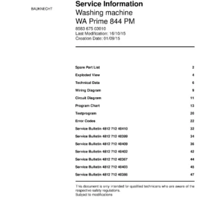 Bauknecht wa prime 844 pm service manual cover washing machine, model type and code, publication date, manual contents.
