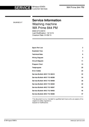 Bauknecht wa prime 844 pm service manual cover washing machine, model type and code, publication date, manual contents.